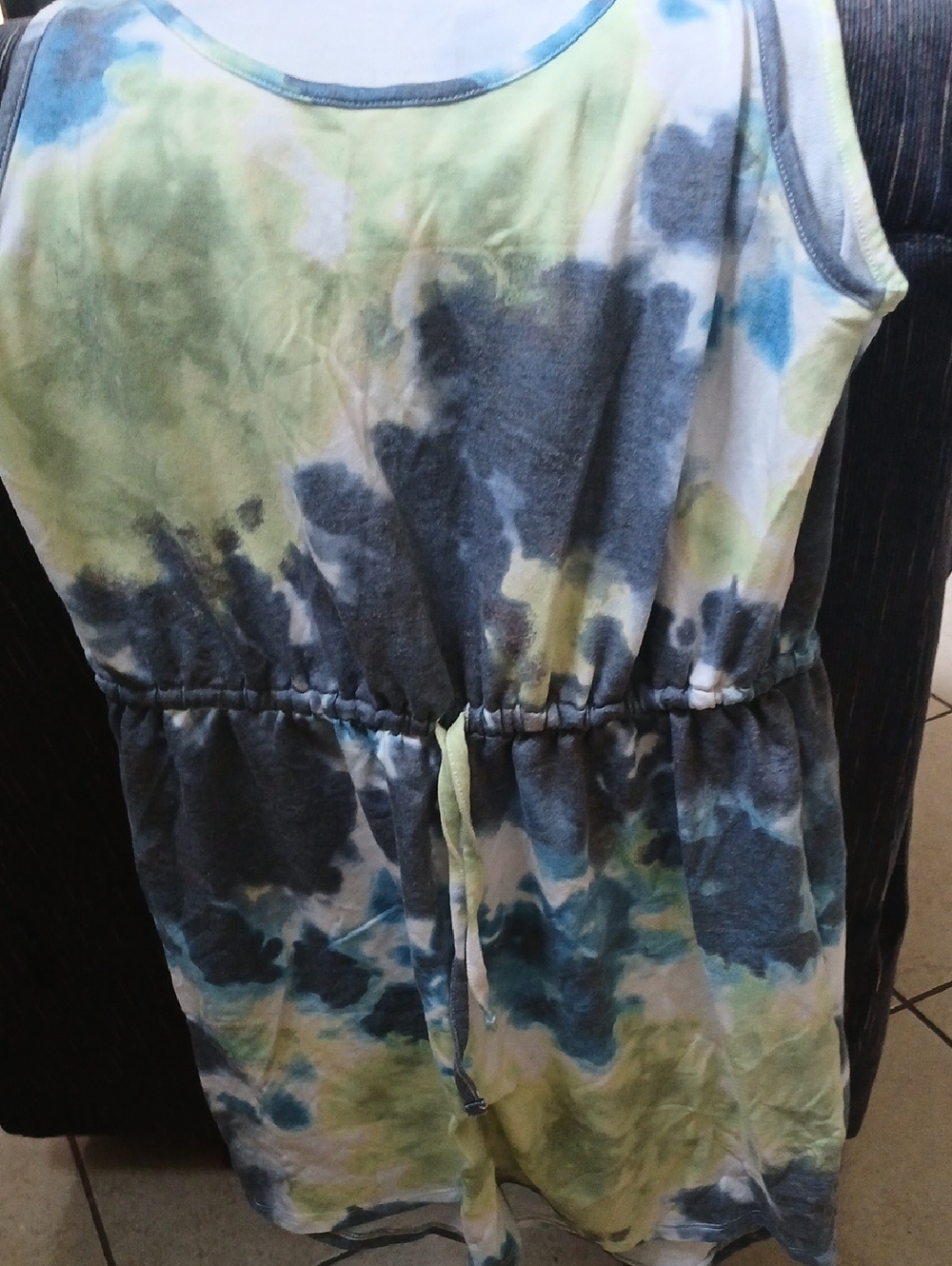 Tie-Dye Sleeveless Drawstring Dress - Blue & Green